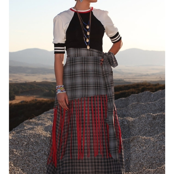Jamie Okuma Maxi Skirt with Red Fringe Indigenous Designer Medium 28.5" Waist - Picture 4 of 4